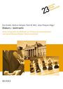 Texte: Diskurs – kontrastiv. Diskurslinguistik als Methode zur Erfassung transnationaler Diskursrealitäten. Drei Fotos: Mikrofone, Gebäude, Schachfiguren.