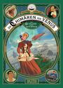 „Die Chimären der Venus“ und „Splitter. Eine Frau im viktorianischen Stil mit Schirm, ein Luftschiff, Dschungel drumherum.