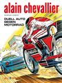 Titel: "alain chevalier"; Untertitel: "DUELL AUTO GEGEN MOTORRAD". Illustration zeigt Motorradfahrer neben Rennwagen.