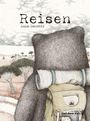 „Reisen“ von Anna Benotto. Illustration: Ein Bär mit Rucksack und Schlafrolle, in einer Landschaft mit Bäumen.