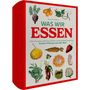Aufschrift: "Was wir essen" von Olivier Tackenberg. Illustrationen von Obst, Gemüse und Pflanzen.