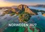 NORWEGEN 2027 Limited Edition. Luftaufnahme einer malerischen Küste mit Bergen und Wasser im Sonnenuntergang.