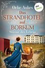 „Ocke Aukes, Das Strandhotel auf Borkum, Stürme des Lebens.“ Eine Frau in historischer Kleidung mit Kinderwagen vor einem Hotel.