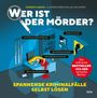 „Wer ist der Mörder?“ Spannende Kriminalfälle selbst lösen. Illustration eines Tatorts mit Hinweisen im Raum.