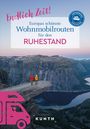 "Endlich Zeit! Europas schönste Wohnmobilrouten für den Ruhestand" erscheint über einer Berglandschaft mit zwei Personen.