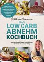 Text: "Inkl. Meal Prep, Brot-Rezept, Dips, Desserts, vegetarischer Gerichte... Nährwertangaben", "DAS LOW CARB ABNEHM KOCHBUCH".  
Bilder: Pasta, Schokoladenkuchen, Frau mit Schüssel.