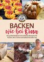 "Backen wie bei Oma" steht zentral geschrieben, darunter: "Das große Backbuch mit einfachen Rezepten". Fotos von Kuchen und eine Frau sind abgebildet.