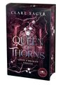 "Queen of Thorns: Upon a Broken Throne" von Clare Sager. Dunkle, florale Illustration mit weißen Blüten und Ranken.