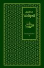 Text: "Anton Wolfpril - Entengeschichten II". Ein grünes Buchcover mit gelbem, grafischem Muster und einem kleinen Auto oben.