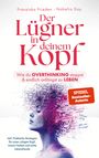 „Der Lügner in deinem Kopf“, rote Schrift. Illustration eines abstrakten Kopfes mit verworrenen Linien und Pixeln.