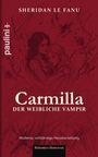 Text: "Carmilla: Der weibliche Vampir", "Moderne, vollständige Neuübersetzung". Illustration: Zwei Umarmung in rotem Ton.