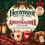 "Herzenszeit für uns zwei. Der Adventskalender für Paare." Dekoratives Design mit Tassen, Kerze und Geschenken.