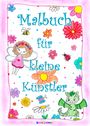 „Malbuch für kleine Künstler“. Bunte Illustration mit Blumen, einer Fee, Biene, Schmetterling, Marienkäfer und Drachen.