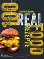 Texte: "100 REAL FOOD", "REZEPTE", "Frank's Fit Kitchen". Burger-Abbildung mit verschiedenen Zutaten.