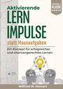 Text: "Aktivierende Lernimpulse statt Hausaufgaben." Illustration: Zwei Köpfe, verbunden durch Zahnräder und eine Glühbirne.