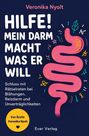 Text: „Hilfe! Mein Darm macht was er will“; Illustration: Rosa Darm, bunte Symbole, Herz, auf dunklem Hintergrund.