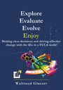 "Explore Evaluate Evolve Enjoy. Making clear decisions and driving effective change with the 4Es in a VUCA world." 

Darunter ist ein buntes technisches Gerät abgebildet.