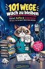 „101 Wege wach zu bleiben“ zeigt eine mürrische Katze in Arztkleidung mit Kaffee und Dokumenten in einem Krankenhaus.