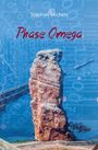 "Stephan Michels, Phase Omega" steht in weiß und rot auf blauem Hintergrund mit Felsen und geometrischen Mustern.