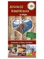 "Alpgenuss-Wanderungen im Allgäu" mit 75 Alpen. Illustration einer Kuh in Herzform und Fotos von Wanderern und Speisen.