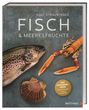 Text: "Rolf Straubinger, Fisch & Meeresfrüchte, Das Standardwerk, Über 80 Rezepte, Tipps & Profiwissen, Matthaes."  
Ein Fisch, eine Garnele und eine Muschel.