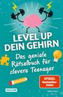 "LEVEL UP DEIN GEHIRN. Das geniale Rätselbuch für clevere Teenager." Illustration mit Gehirn, Hanteln, und Symbolen.