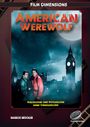 "AMERICAN WEREWOLF" in Rot, "Philosophie und Psychologie einer Verwandlung" in Gelb. Zwei Männer vor Big Ben bei Nacht.