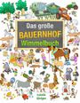 „Das große Bauernhof Wimmelbuch“ steht auf einer Tafel. Illustration mit Tieren, Traktoren und Menschen auf einem Bauernhof.
