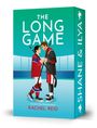 Text: "THE LONG GAME" oben, "Rachel Reid" unten. Zwei Eishockeyspieler stehen einander gegenüber in einer Arena.