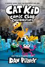 "Cat Kid Comic Club: Collaborations" oben groß. Bunte Comic-Figuren: ein gelbes Wesen und zwei Frösche vor Stadthintergrund.
