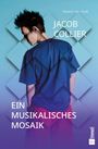 Jacob Collier, ein Mann in blauer Kleidung, von hinten vor einem geometrischen, bläulich-violetten Hintergrund.