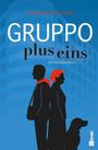 "GRUPPO plus eins. Ein Wirtschaftskrimi. Silhouetten von Mann, Frau und Hund vor einem blauen Gebäude."