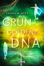 „Grün-Goldene DNA“ von Sanna Winter. Ein Fußballer schießt dynamisch. Silhouette einer Frau unten links.