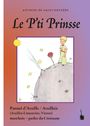 Text: "Antoine de Saint-Exupéry, Le P'ti Prince." Illustration: Kleiner Prinz auf kleinem Planeten mit Rose und Sternen.