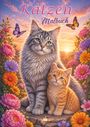 "Katzen Malbuch" zeigt eine Katz und ein Kätzchen, umgeben von bunten Blumen und zwei Schmetterlingen im Sonnenuntergang.