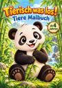 "Tierisch was los! Tiere Malbuch ab 4 Jahren." Ein fröhlicher Panda im Bambuswald, hält Bambusstab.