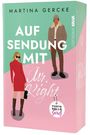 "Auf Sendung mit Mr. Right" von Martina Gercke. Illustration: Frau in Rot, Mann in Jacke auf rosa-günem Hintergrund.
