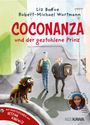 "Coconanza und der gestohlene Prinz" steht in großen roten Buchstaben. Eine bunte Szene mit drei skurrilen Figuren auf der Straße.