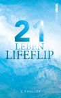 "21 Leben Lifeflip" und "C.P. Haller" in blauer Schrift, blau-weißer Hintergrund mit Wasserwellenmuster.