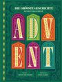 Text: "DIE GRÖSSTE GESCHICHTE", "ADVENTSKALENDER", "ADVENT". Bunte Buchstaben auf grünem Hintergrund, illustrativ.