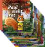 „Paul sieht rot“ steht groß. Ein Eichhörnchen im gelben Shirt hält eine Eichel vor einem herbstlichen Baum.