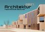 "Architektur 2027. Faszinierende Baukunst." Moderne Holzgebäude unter klarem blauem Himmel, Laubbäume ohne Blätter.