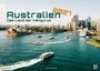 Australien 2027. Das Land der Kängurus. Stadtansicht mit Opernhaus, Wolkenkratzern und Schiffen auf blauem Wasser.