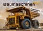 „Baumaschinen 2027“, „Gigantische Bauhelfer“. Großer gelber Muldenkipper fährt durch staubige Landschaft.