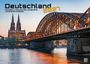 Text: "Deutschland 2027. Eine Reise zu bezaubernden Landschaften und Sehenswürdigkeiten." 

Hohenzollernbrücke bei Sonnenuntergang mit beleuchtetem Kölner Dom im Hintergrund.