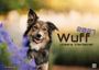 Text: "2027 Wuff Unsere Vierbeiner." Ein fröhlicher Hund neben violetten Blumen vor unscharfem, grünem Hintergrund.