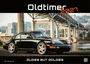 "Oldtimer 2027", "OLDIES BUT GOLDIES". Schwarzer Sportwagen vor Brücke, moderner Hintergrund, QR-Code vorhanden.