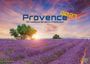 „Provence 2027: Ein besonderes Stück Frankreich.“ Ein Lavendelfeld mit einem Haus und Bäumen im Sonnenuntergang.
