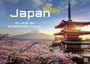 "Japan 2027, Im Land der aufgehenden Sonne." Kirschblüten, Pagode, im Hintergrund der Fuji bei Sonnenaufgang.