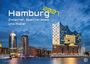 "Hamburg 2027, Zwischen Speicherstadt und Alster". Skyline bei Dämmerung mit Elbphilharmonie und beleuchteten Gebäuden.